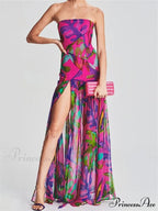 Women Tube Slim Strapless Off Shoulder Mesh Patchwork Leopard Floral Print Split Party Club Vestidos