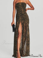 Women Tube Slim Strapless Off Shoulder Mesh Patchwork Leopard Floral Print Split Party Club Vestidos