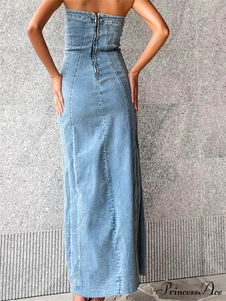 Women Tube Strapless Backless Denim Back Zip Up Summer Side Split Club Party Female Vestidos