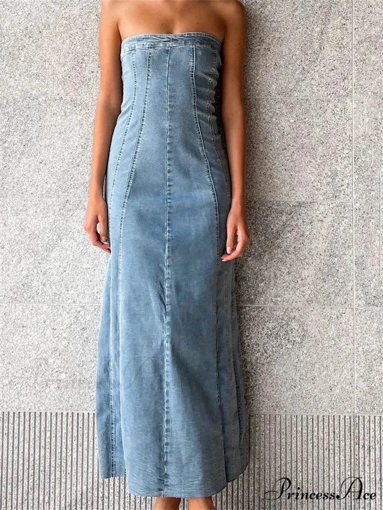 Women Tube Strapless Backless Denim Back Zip Up Summer Side Split Club Party Female Vestidos