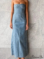 Women Tube Strapless Backless Denim Back Zip Up Summer Side Split Club Party Female Vestidos