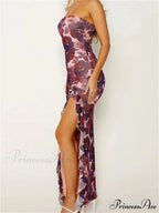 Women Tube Strapless Backless Flower Print High Split Summer Ruffles Cocktail Female Vestidos