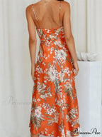 Women V-neck Floral Print Sleeveless Strap Side Split for Party Club Wedding Night Female Vestidos