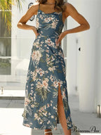 Women V-neck Floral Print Sleeveless Strap Side Split for Party Club Wedding Night Female Vestidos