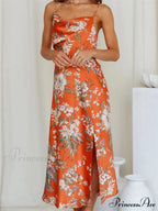 Women V-neck Floral Print Sleeveless Strap Side Split for Party Club Wedding Night Female Vestidos