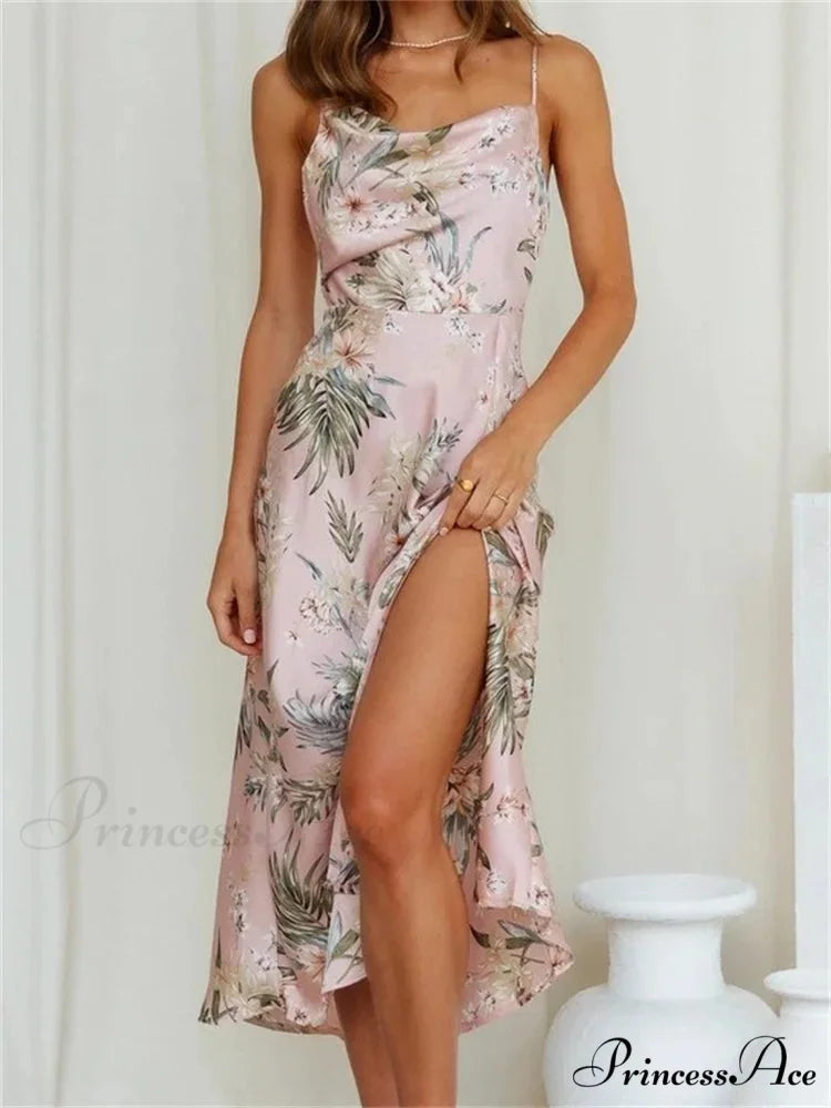 Women V-neck Floral Print Sleeveless Strap Side Split for Party Club Wedding Night Female Vestidos