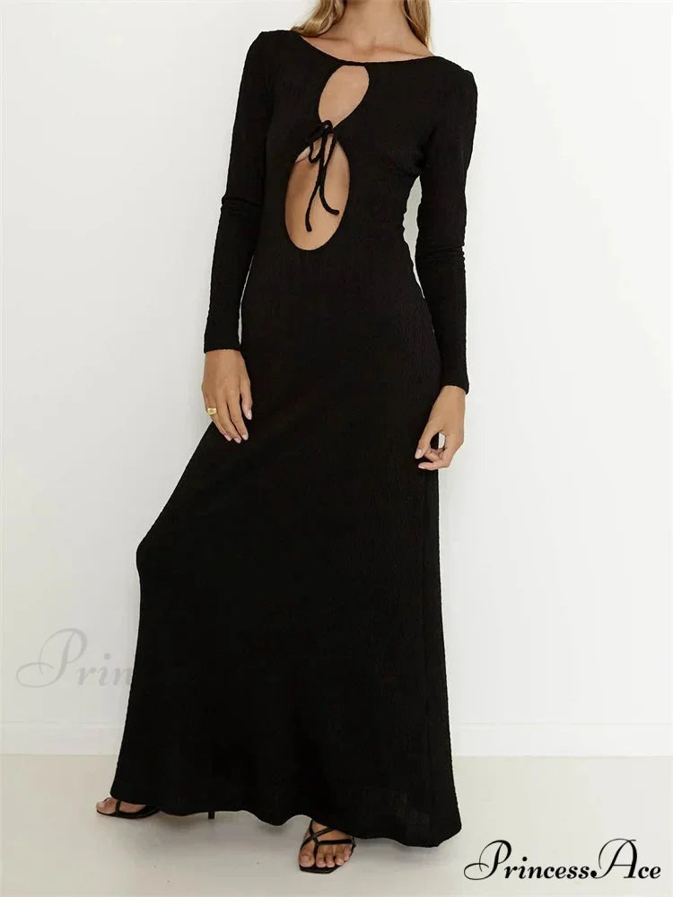 Women Vintage Elegant Sleeve Front Cutout Tie-up Solid Color Solid Color Party Autumn Vestidos