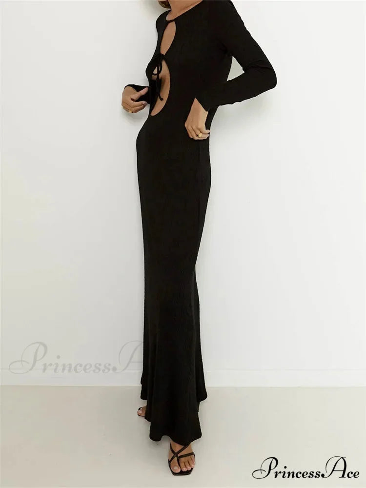 Women Vintage Elegant Sleeve Front Cutout Tie-up Solid Color Solid Color Party Autumn Vestidos