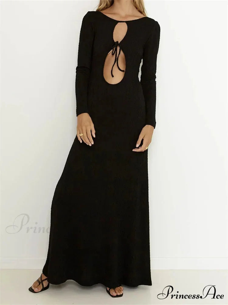 Women Vintage Elegant Sleeve Front Cutout Tie-up Solid Color Solid Color Party Autumn Vestidos