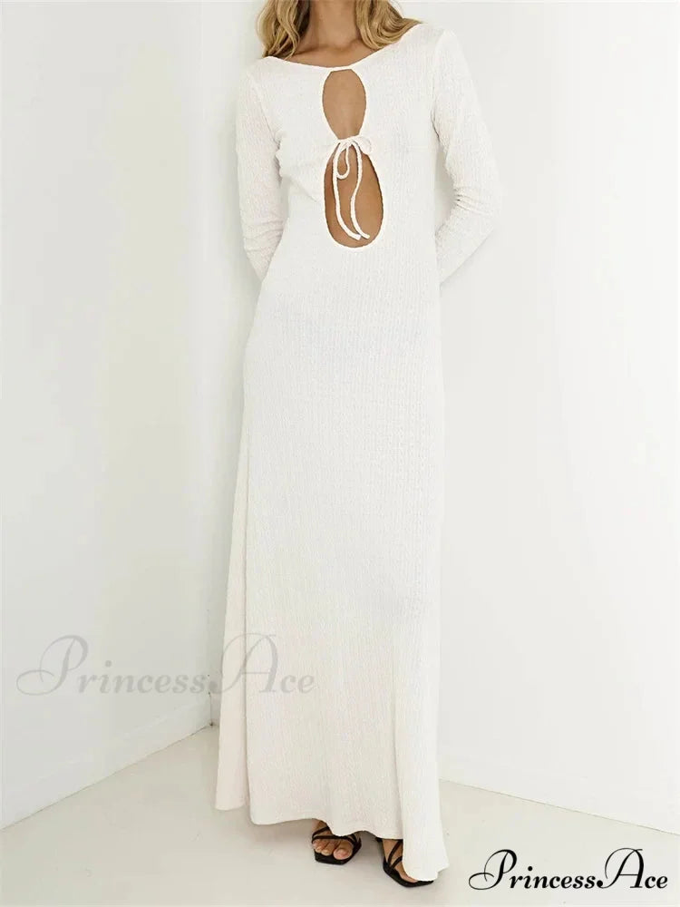 Women Vintage Elegant Sleeve Front Cutout Tie-up Solid Color Solid Color Party Autumn Vestidos