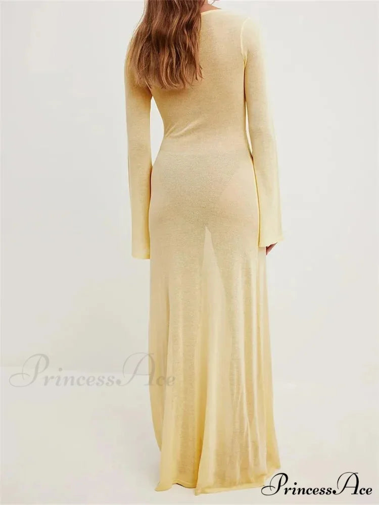 Women Vintage Sleeve V Neck See Through Slim Fit Solid Color Party Female Vestidos Streetwear