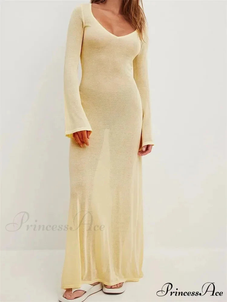 Women Vintage Sleeve V Neck See Through Slim Fit Solid Color Party Female Vestidos Streetwear