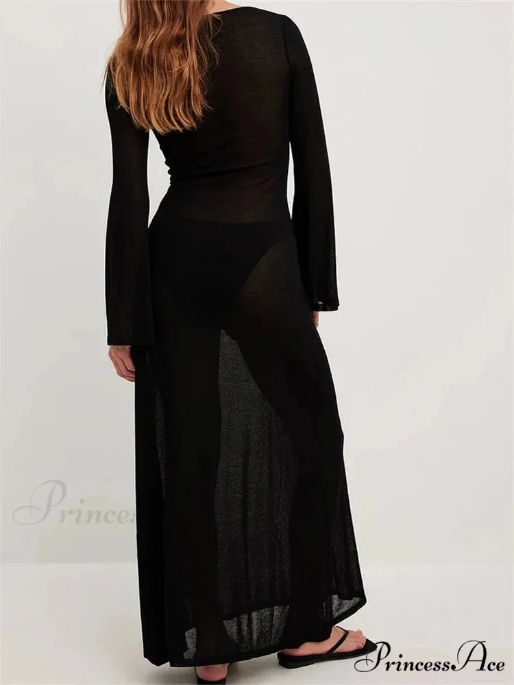 Women Vintage Sleeve V Neck See Through Slim Fit Solid Color Party Female Vestidos Streetwear