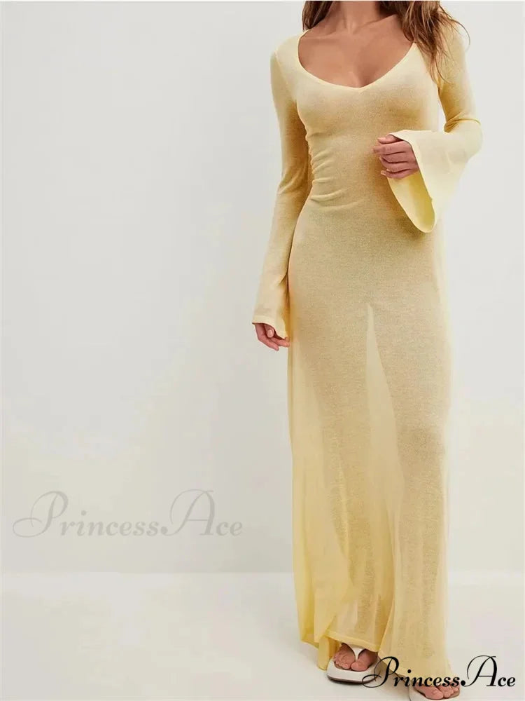 Women Vintage Sleeve V Neck See Through Slim Fit Solid Color Party Female Vestidos Streetwear
