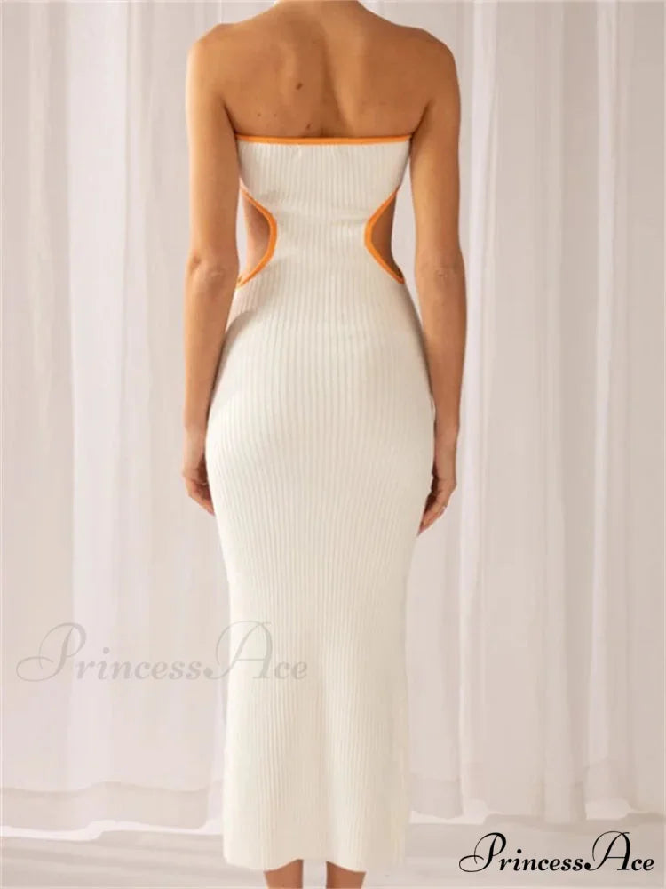 Women Waist Hollow Out Tube Strapless Off Shoulder Contrast Color Ribbed Summer Party Clubwear