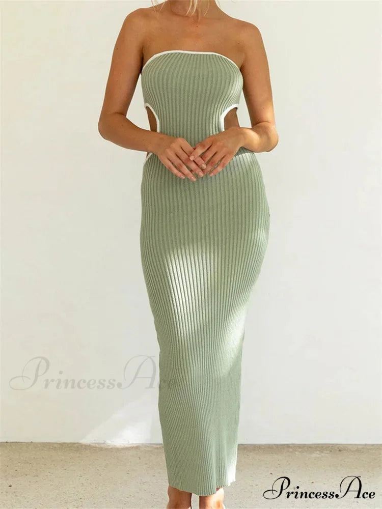 Women Waist Hollow Out Tube Strapless Off Shoulder Contrast Color Ribbed Summer Party Clubwear