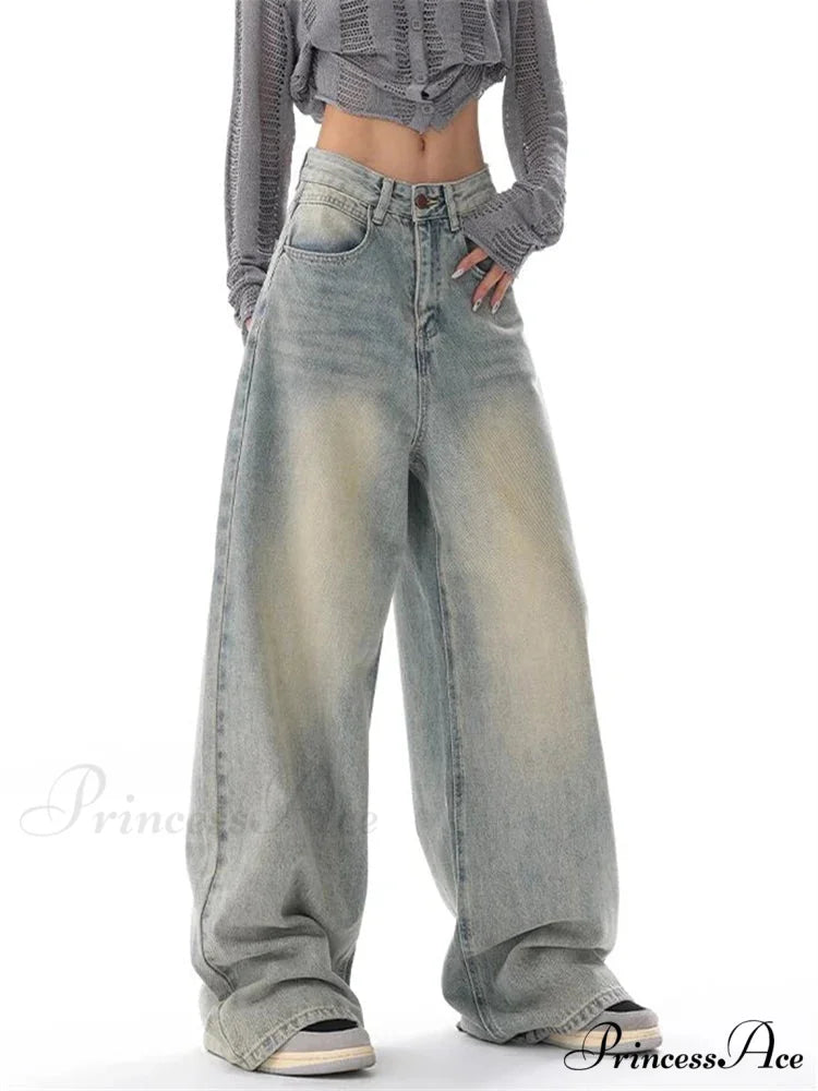 Women's American Vintage Washed Thin Casual Neutral Style Blue Denim Female High Waist Straight Pants Jeans