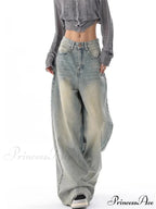 Women's American Vintage Washed Thin Casual Neutral Style Blue Denim Female High Waist Straight Pants Jeans
