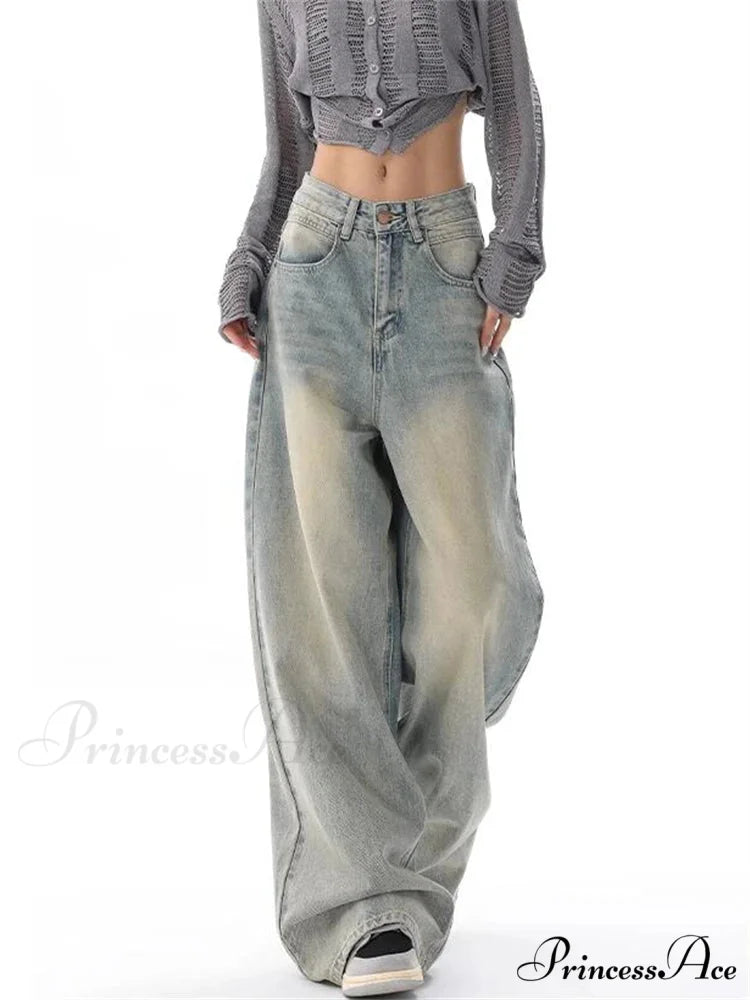 Women's American Vintage Washed Thin Casual Neutral Style Blue Denim Female High Waist Straight Pants Jeans