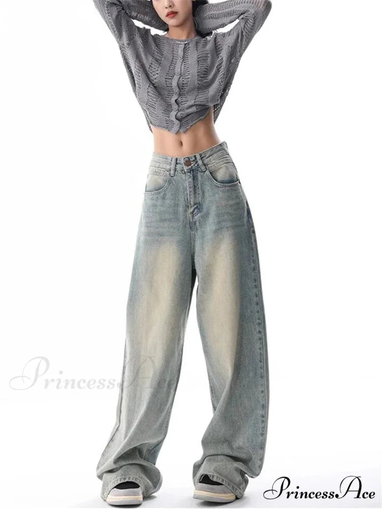 Women's American Vintage Washed Thin Casual Neutral Style Blue Denim Female High Waist Straight Pants Jeans
