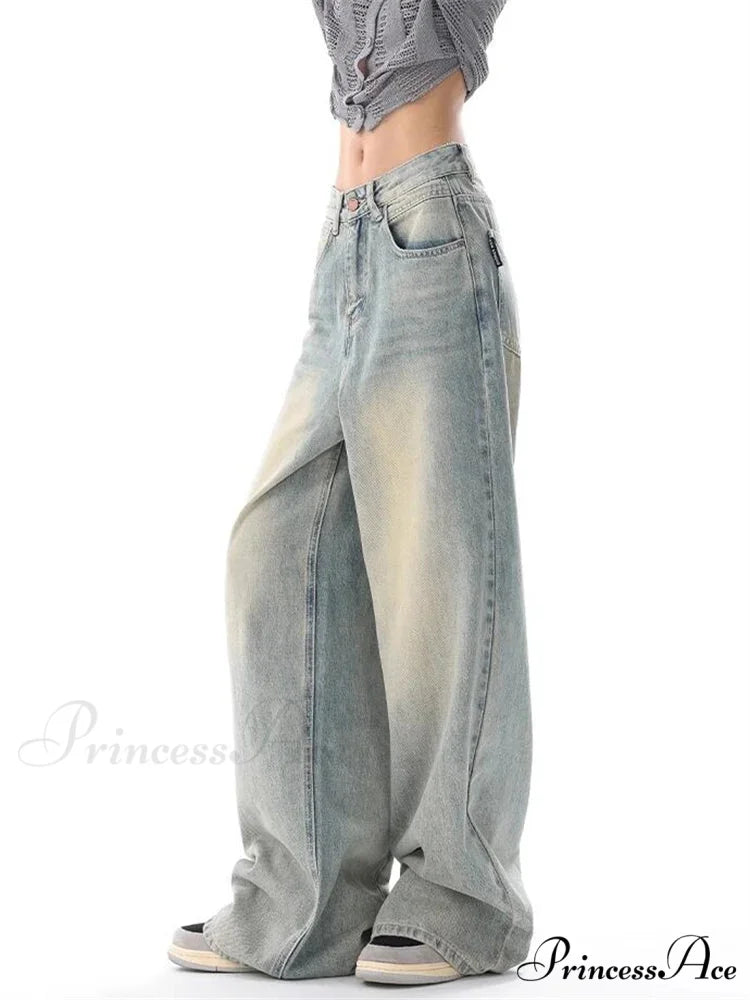 Women's American Vintage Washed Thin Casual Neutral Style Blue Denim Female High Waist Straight Pants Jeans