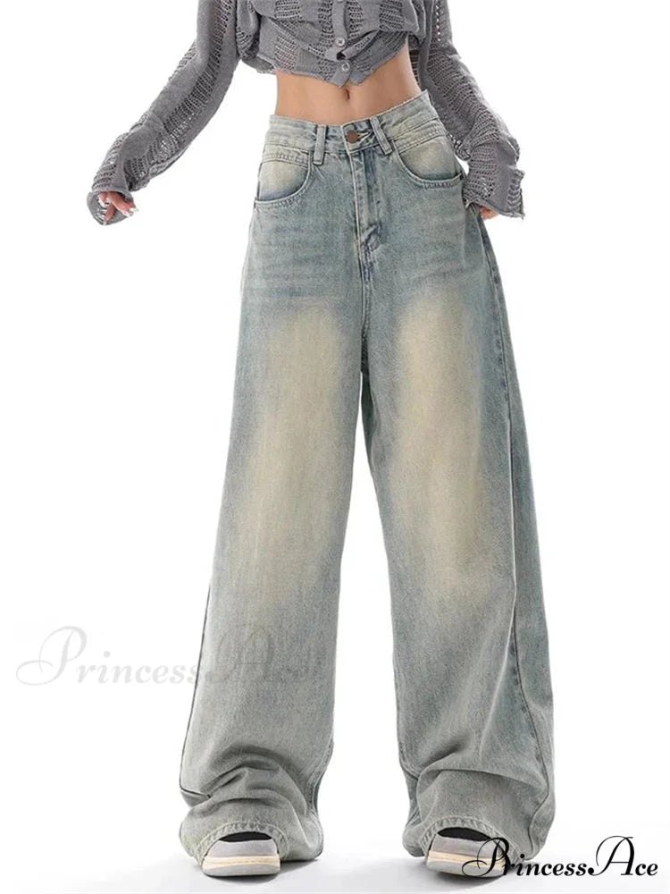 Women's American Vintage Washed Thin Casual Neutral Style Blue Denim Female High Waist Straight Pants Jeans