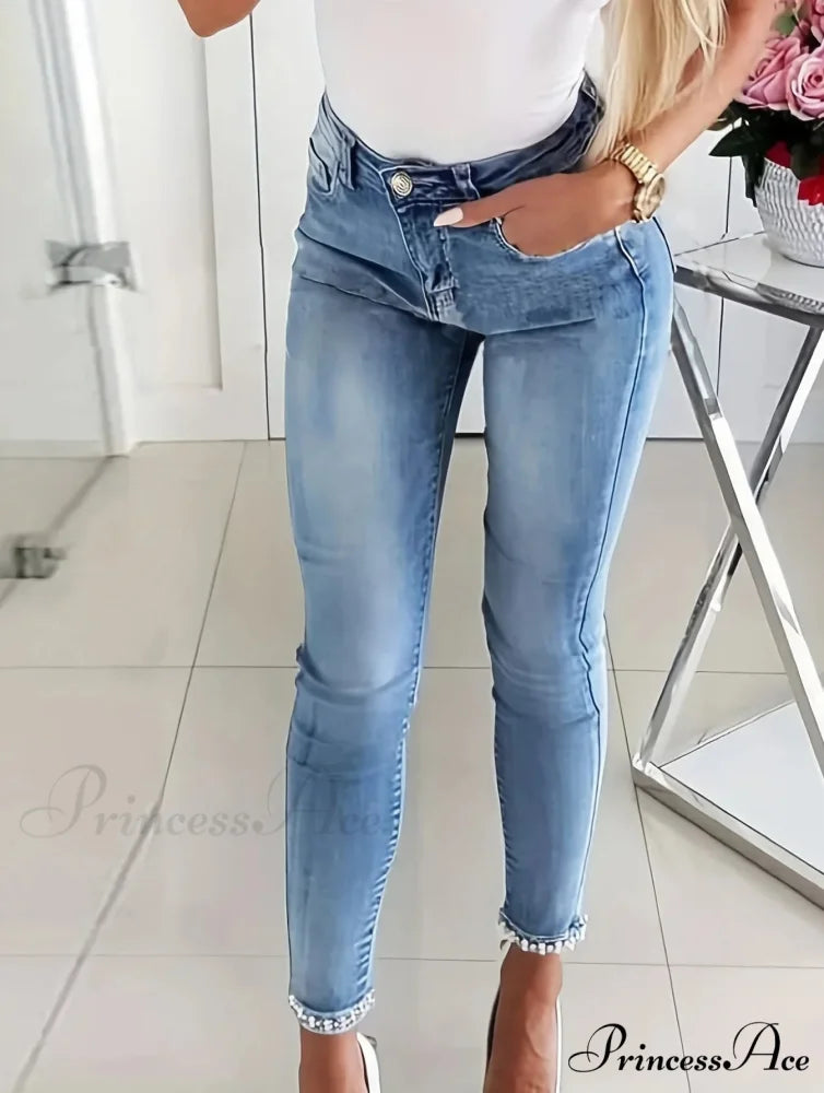 Women's Blue High-Stretch Skinny with Faux Pearl Decor and Slim Fit - Stylish and Comfortable Denim Jean