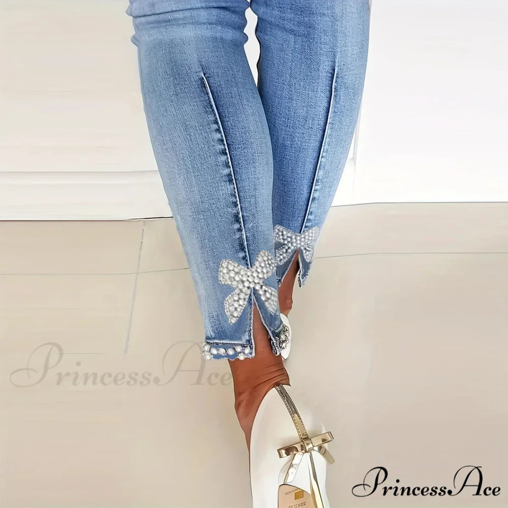Women's Blue High-Stretch Skinny with Faux Pearl Decor and Slim Fit - Stylish and Comfortable Denim Jean