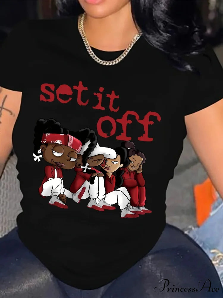 Women's Cartoon Mid-Elastic Easy Care All-Season Crew Neck Top T-shirt