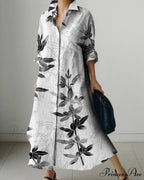 Women's Collar Extended Sleeve Flower Pattern Shirt Dress