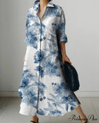 Women's Collar Extended Sleeve Flower Pattern Shirt Dress