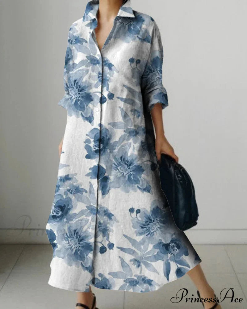 Women's Collar Extended Sleeve Flower Pattern Shirt Dress