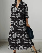 Women's Collar Extended Sleeve Flower Pattern Shirt Dress