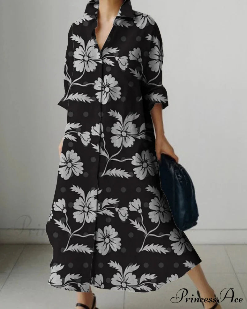 Women's Collar Extended Sleeve Flower Pattern Shirt Dress