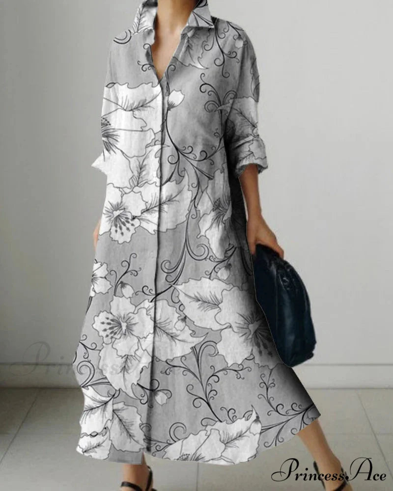 Women's Collar Extended Sleeve Flower Pattern Shirt Dress