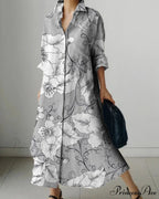 Women's Collar Extended Sleeve Flower Pattern Shirt Dress