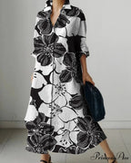 Women's Collar Extended Sleeve Flower Pattern Shirt Dress