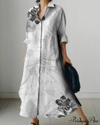 Women's Collar Extended Sleeve Flower Pattern Shirt Dress