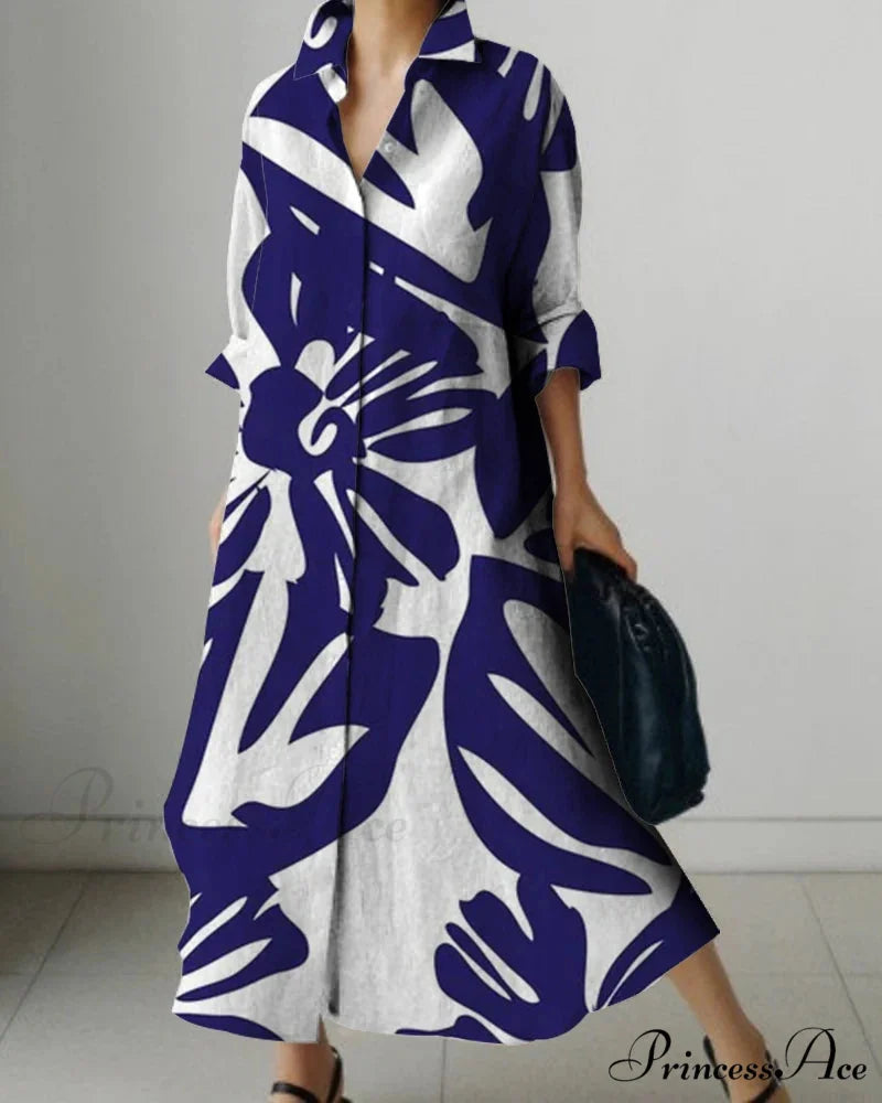 Women's Collar Extended Sleeve Flower Pattern Shirt Dress