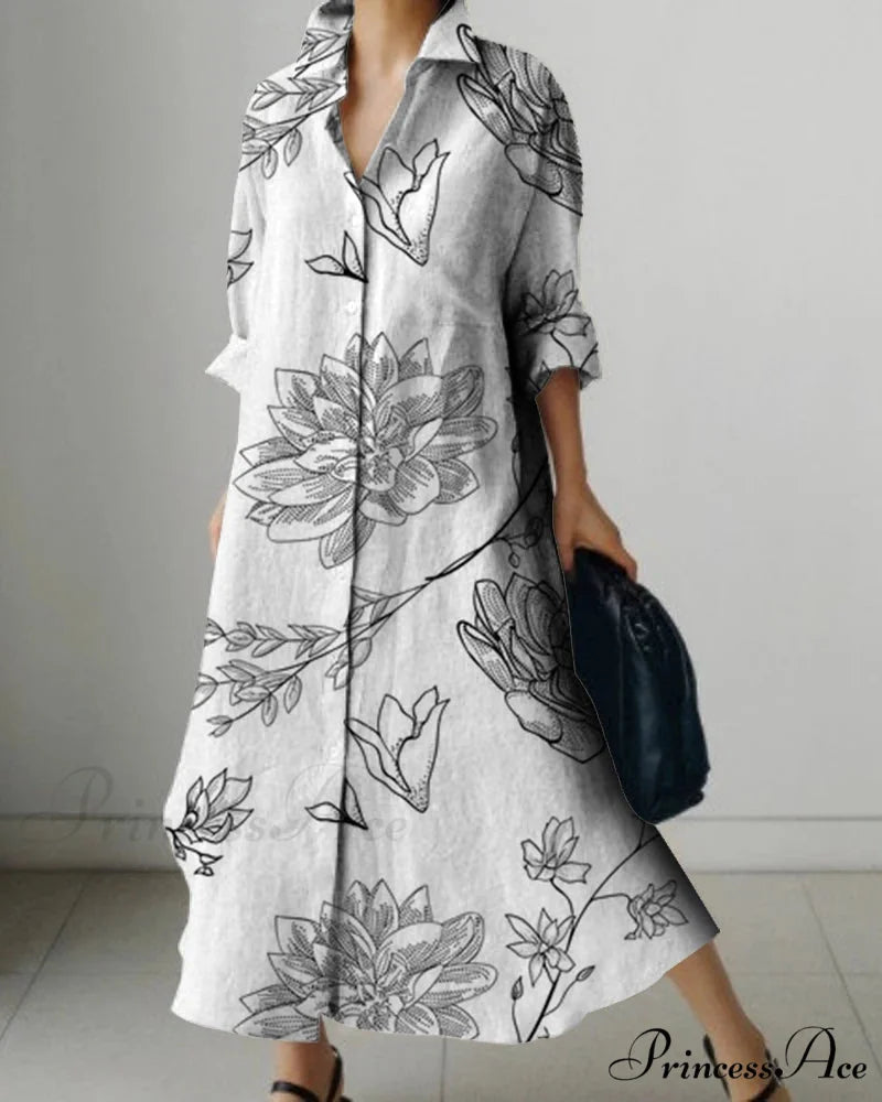 Women's Collar Extended Sleeve Flower Pattern Shirt Dress