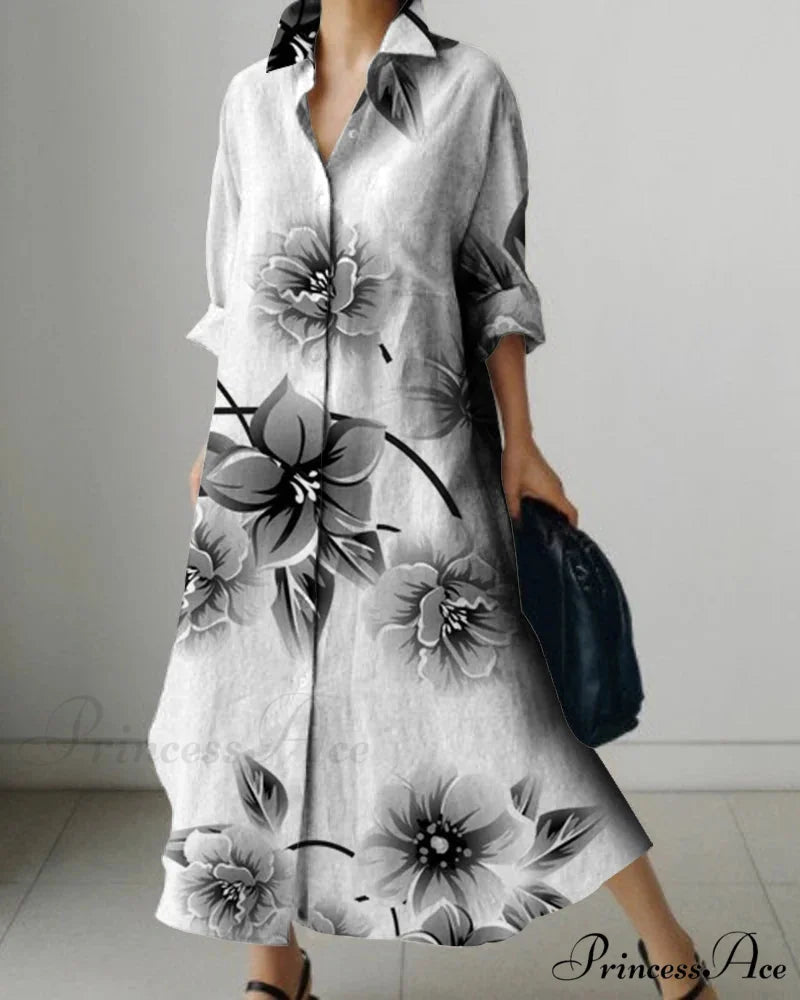 Women's Collar Extended Sleeve Flower Pattern Shirt Dress