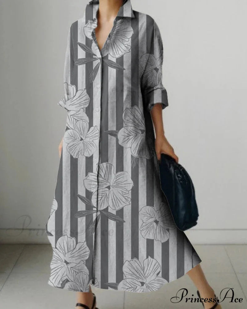 Women's Collar Extended Sleeve Flower Pattern Shirt Dress