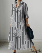 Women's Collar Extended Sleeve Flower Pattern Shirt Dress