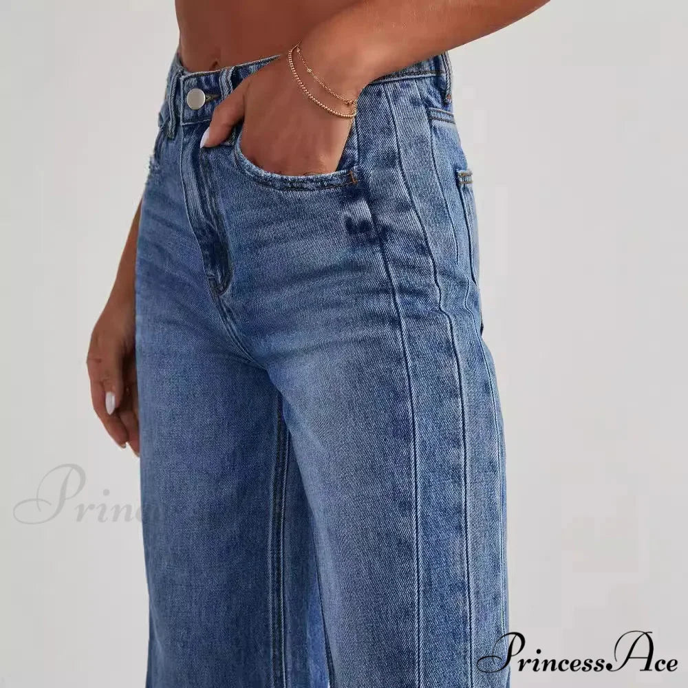 Women's Denim High Waist Fashion Wide Leg Pants Trousers Autumn Tide Straight Pants De Mujer Frayed Hem Jeans