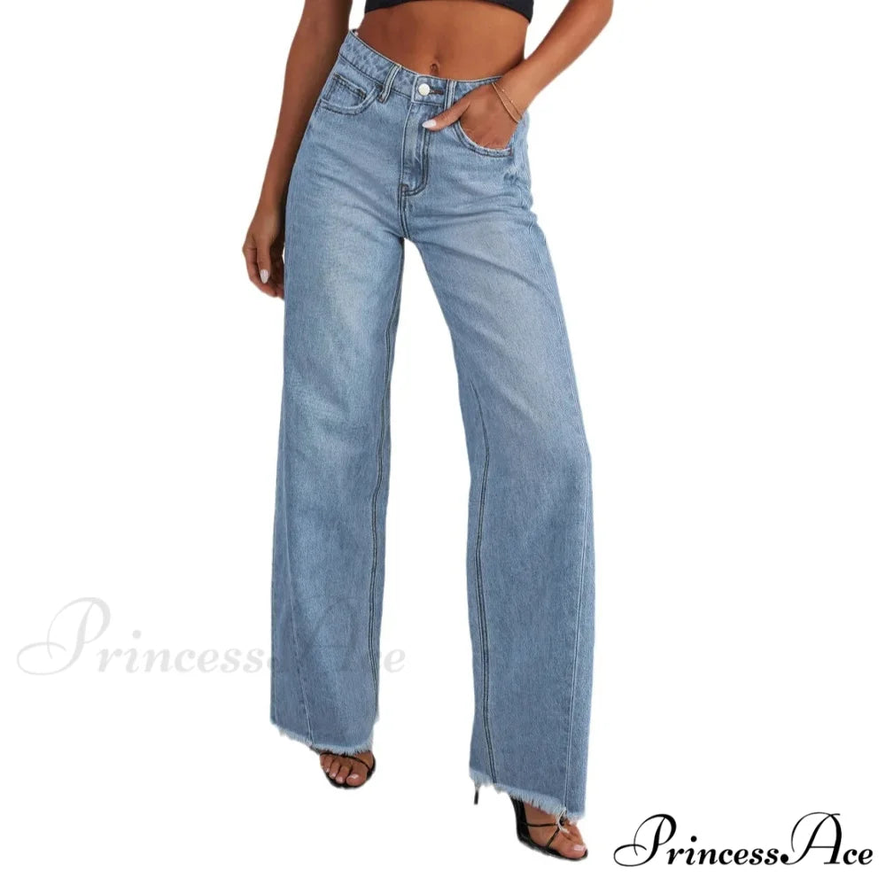 Women's Denim High Waist Fashion Wide Leg Pants Trousers Autumn Tide Straight Pants De Mujer Frayed Hem Jeans