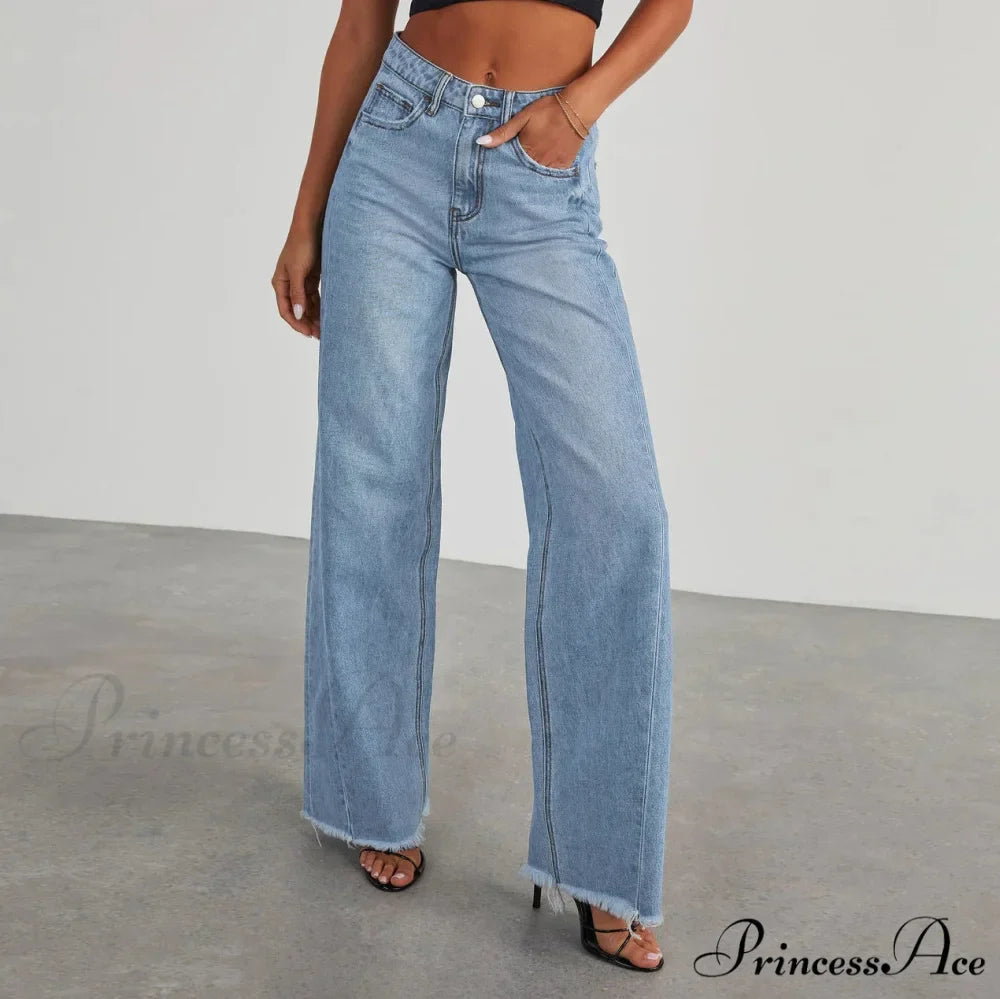 Women's Denim High Waist Fashion Wide Leg Pants Trousers Autumn Tide Straight Pants De Mujer Frayed Hem Jeans