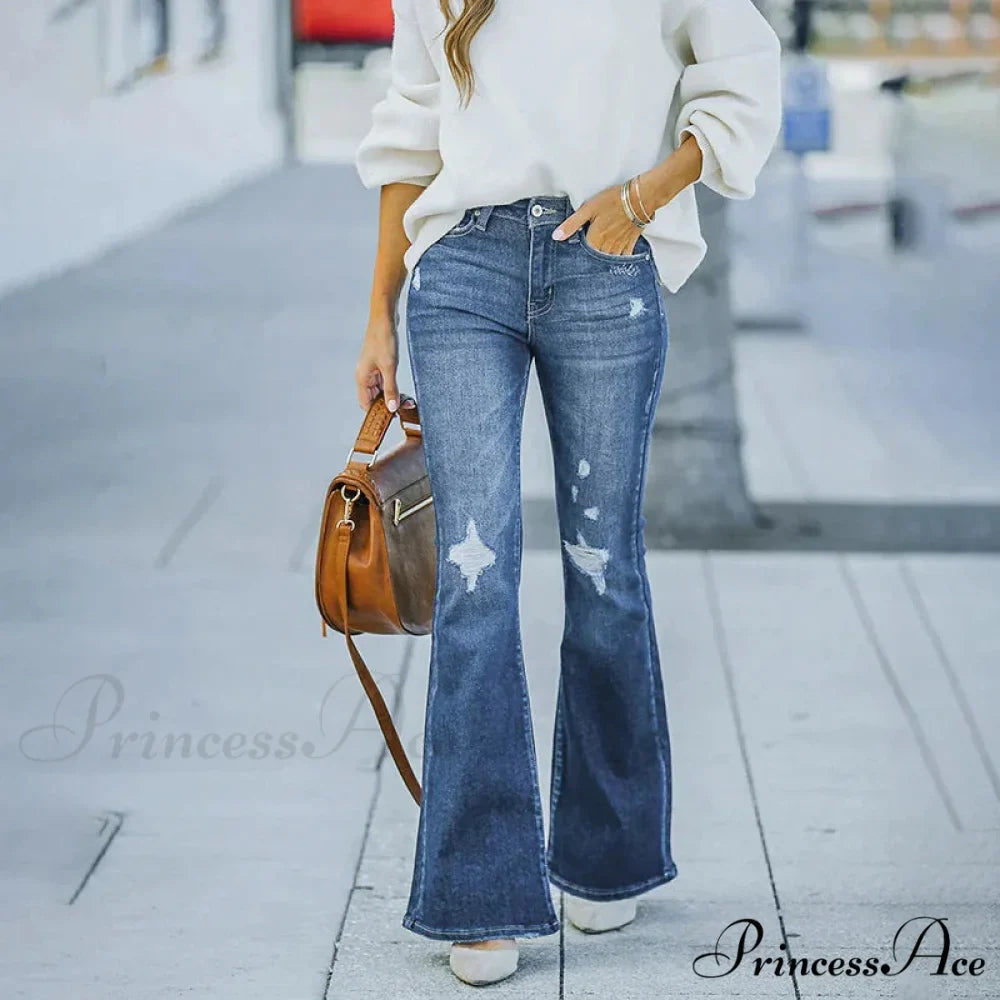 Women's Flare Stretch Vintage Fashion Streetwear Ripped Casual High Waist Full Length Slim Jean
