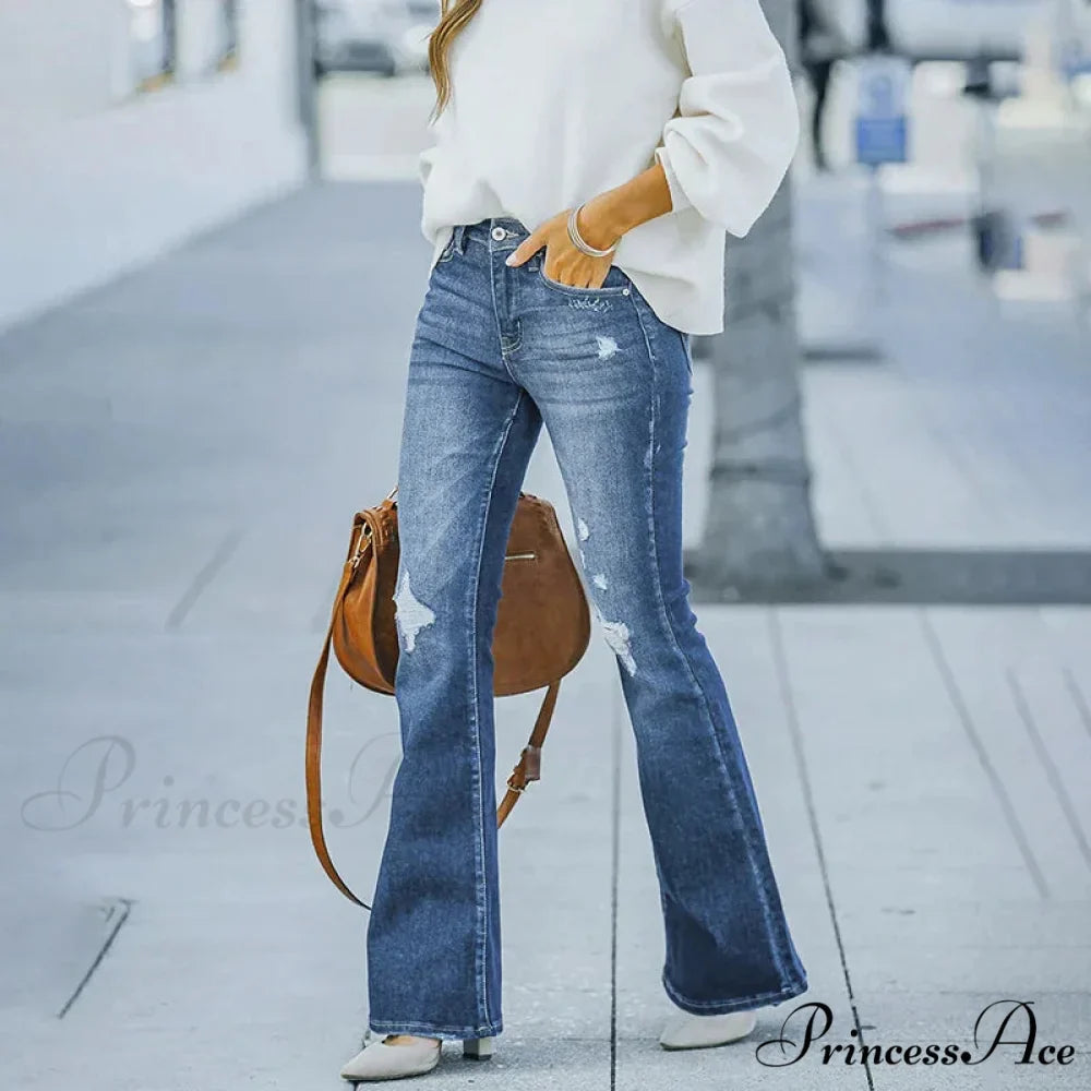 Women's Flare Stretch Vintage Fashion Streetwear Ripped Casual High Waist Full Length Slim Jean