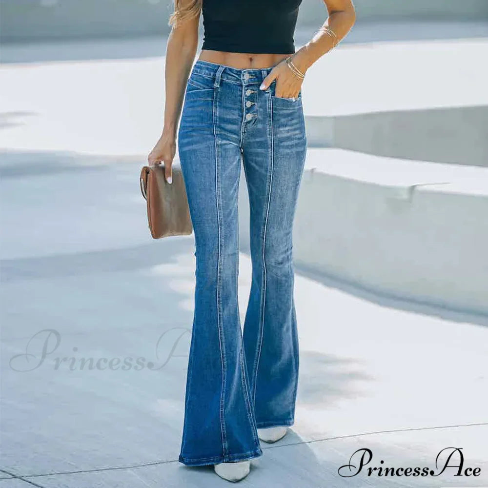 Women's Flared Patchwork Vintage Fashion Stretch High Waist Casual Slim Streetwear Wide Leg Flare Jean