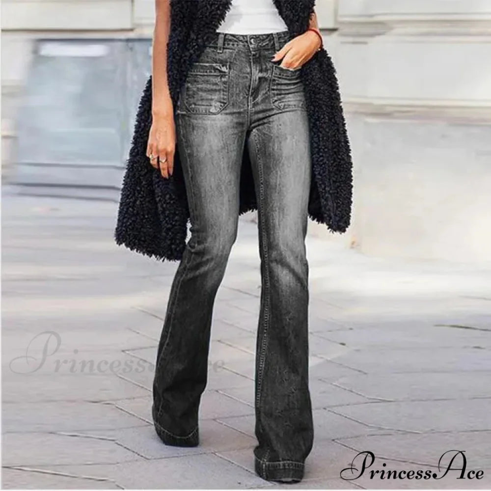 Women's Flared Stretch Fashion High Waist Vintage Casual Full Length Slim Streetwear Wide Leg Flare Jean
